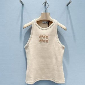Miu Miu Embellished Logo Tank Top in Beige