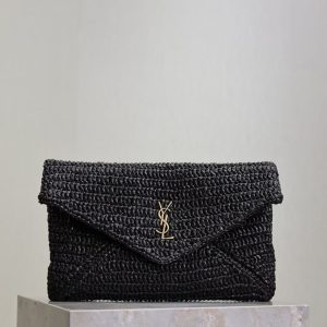 Saint Laurent Woven Straw Envelope Clutch Bag in Black
