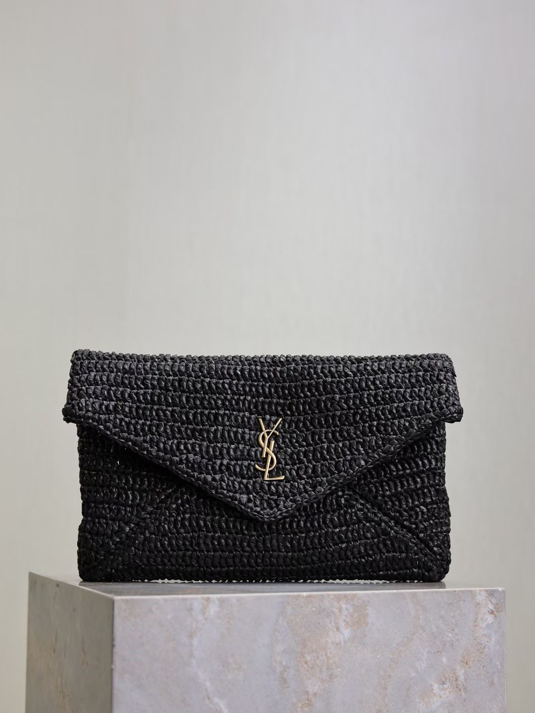 Saint Laurent Woven Straw Envelope Clutch Bag in Black