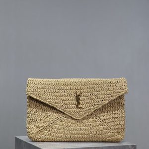 Saint Laurent Woven Straw Envelope Clutch Bag in Natural
