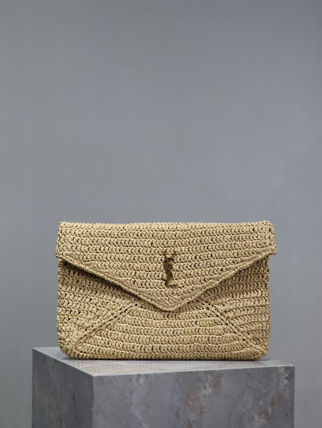Saint Laurent Woven Straw Envelope Clutch Bag in Natural